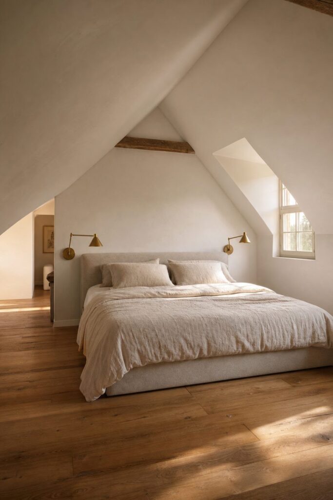 Attic bedroom with sloped white ceilings, beige bedding, and warm wooden flooring.