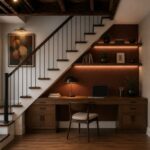 Home office under stairs with desk lamp and integrated shelf lighting