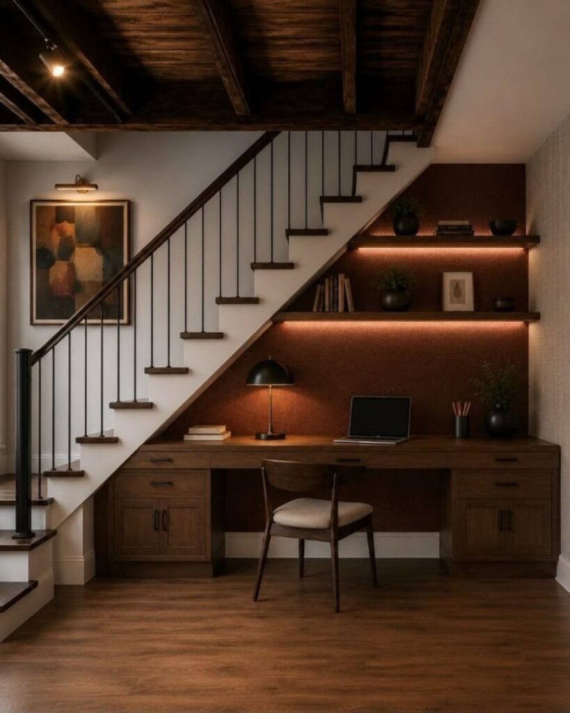 Home office under stairs with desk lamp and integrated shelf lighting