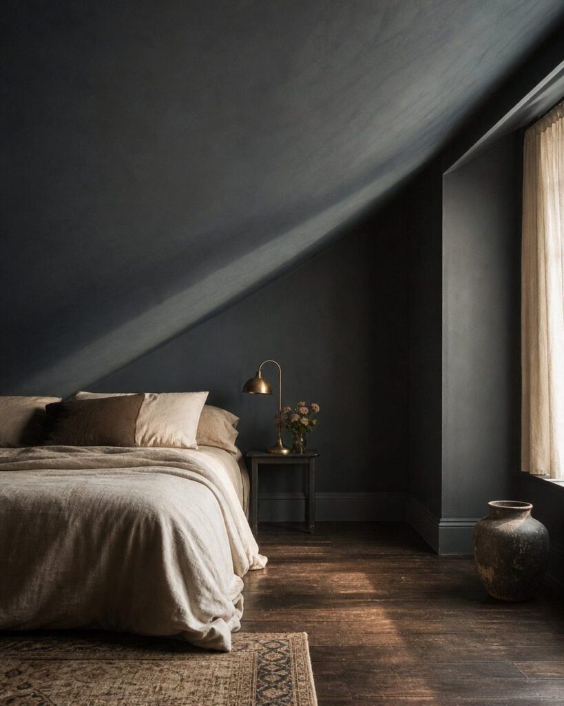 Dark grey attic bedroom with sloped ceilings, beige bedding, and a gold lamp.