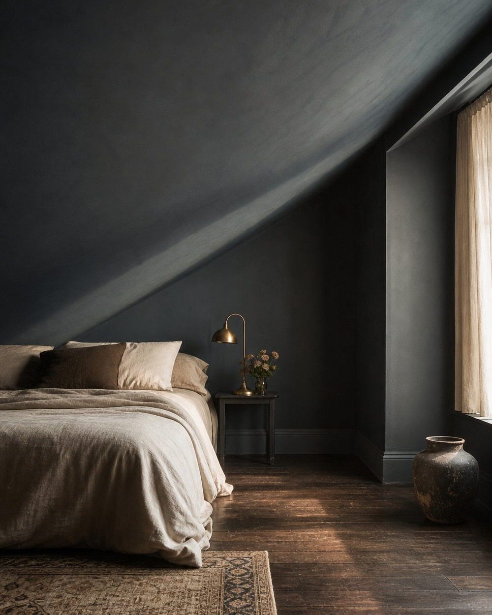 Dark grey attic bedroom with sloped ceilings, beige bedding, and a gold lamp.