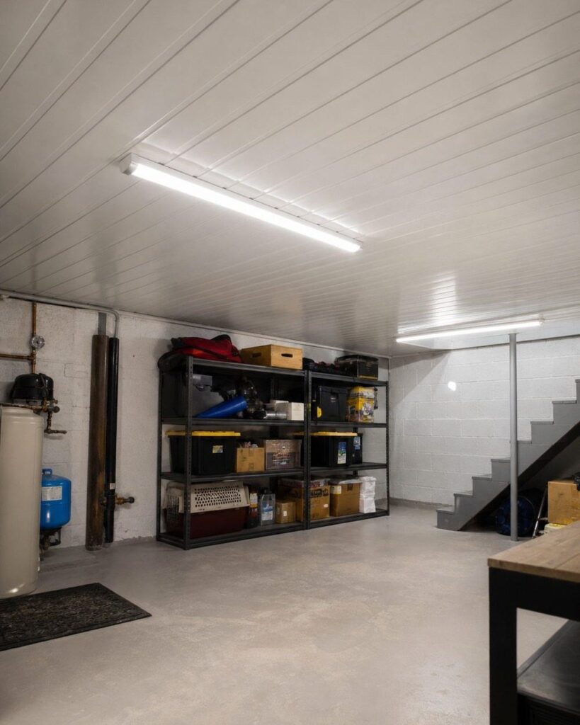White paneled basement ceiling with fluorescent lighting above a storage area and stairs.