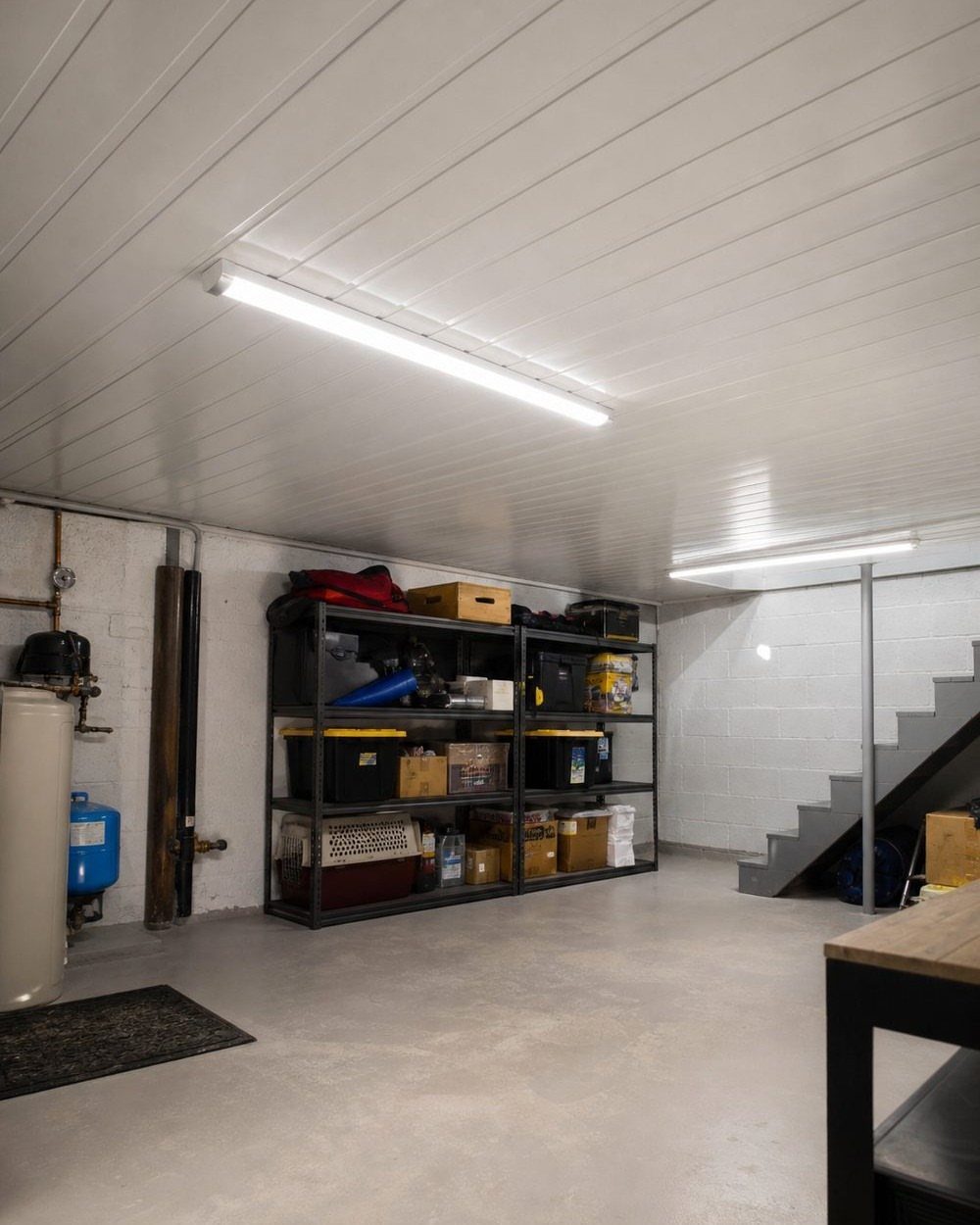 White paneled basement ceiling with fluorescent lighting above a storage area and stairs.