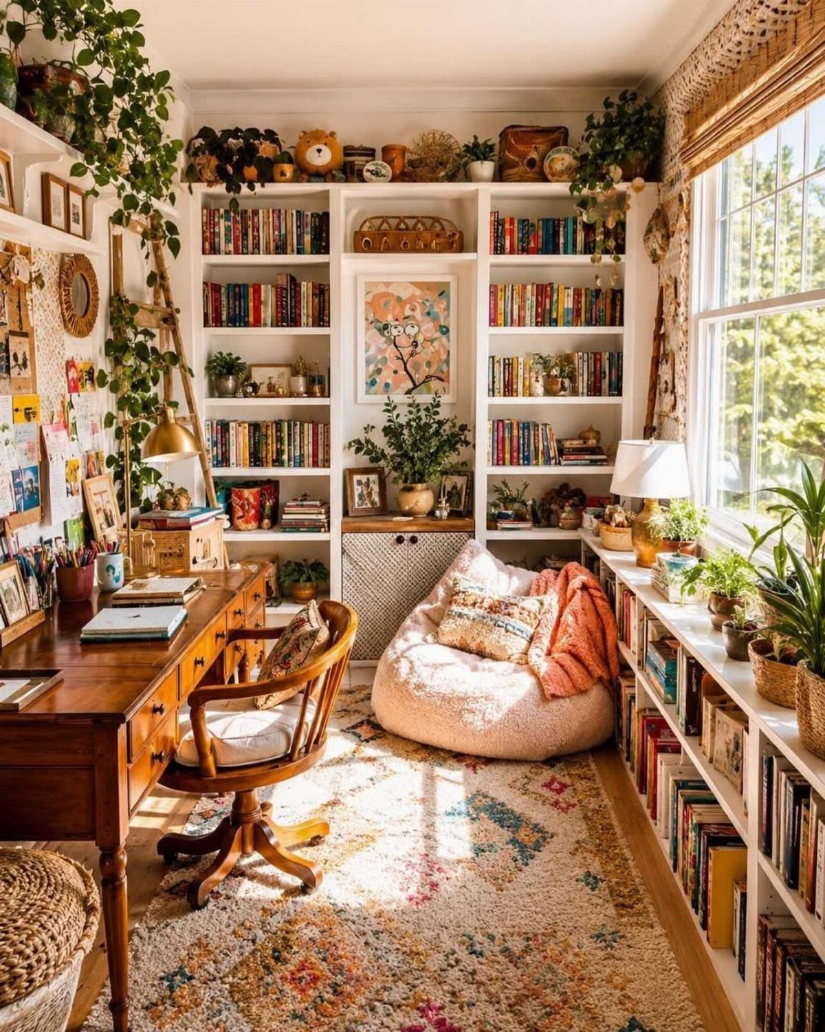 Cozy study room with wooden desk, bookshelves, beanbag chair, and many green plants.