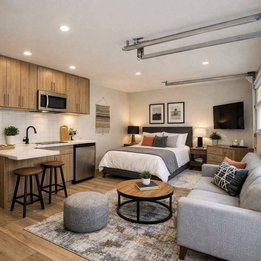 Converted garage living space with a bed, sofa, and kitchenette under garage door tracks.