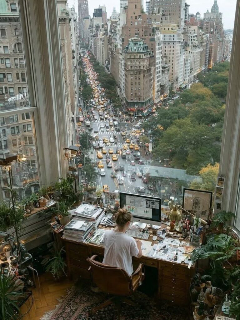 Person working at a wooden desk by a large window overlooking New York City.