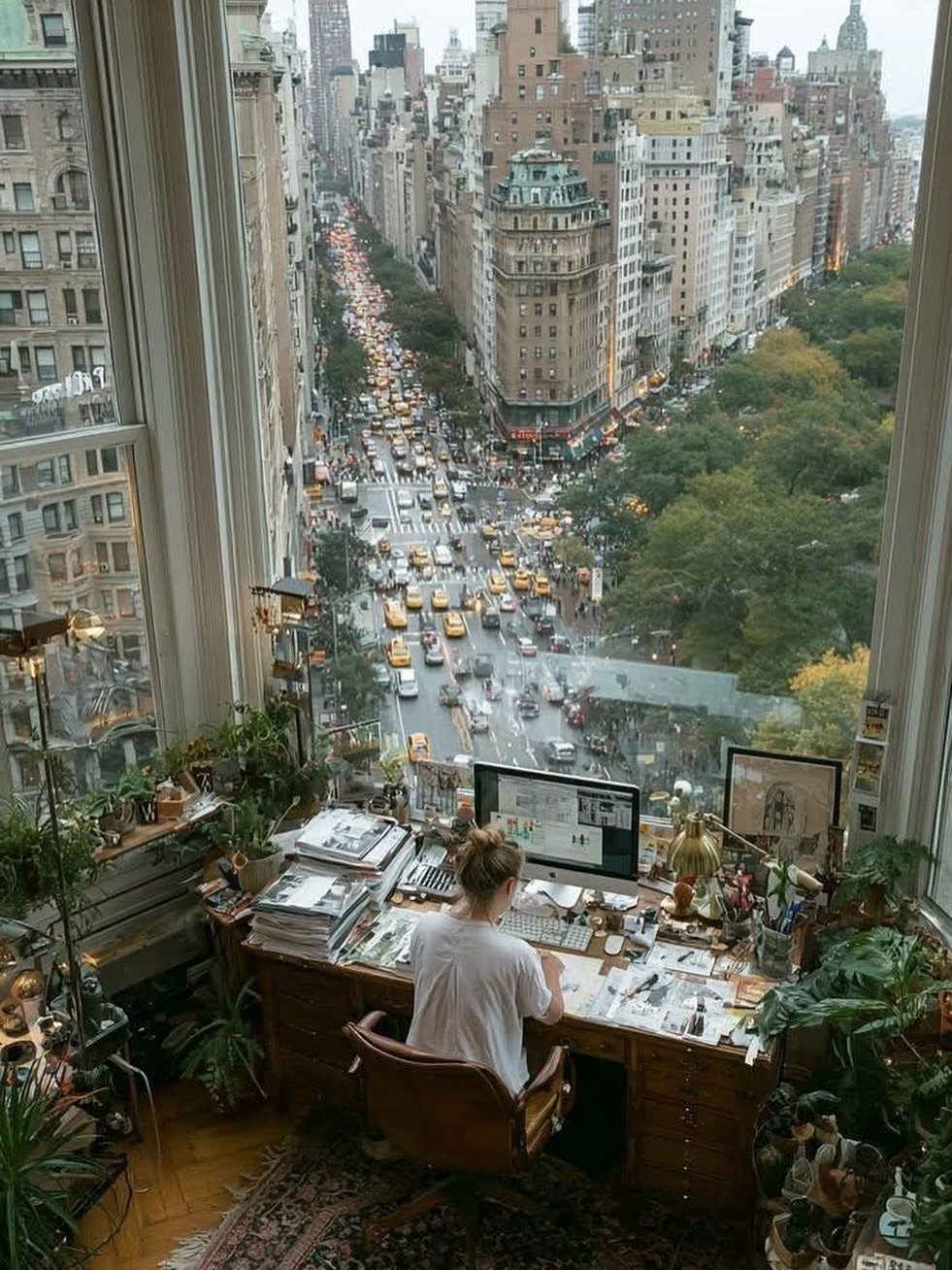 Person working at a wooden desk by a large window overlooking New York City.