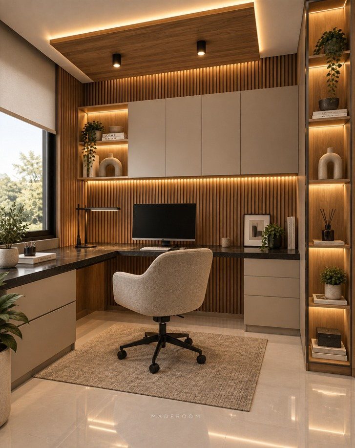 Modern home office with L-shaped desk, wood slat walls, and warm integrated lighting.