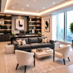 Grey minimalist modern couch in a home office with white armchairs and desk.
