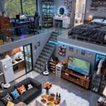 Modern multi-level apartment with a gaming station and bedroom in the upper loft area