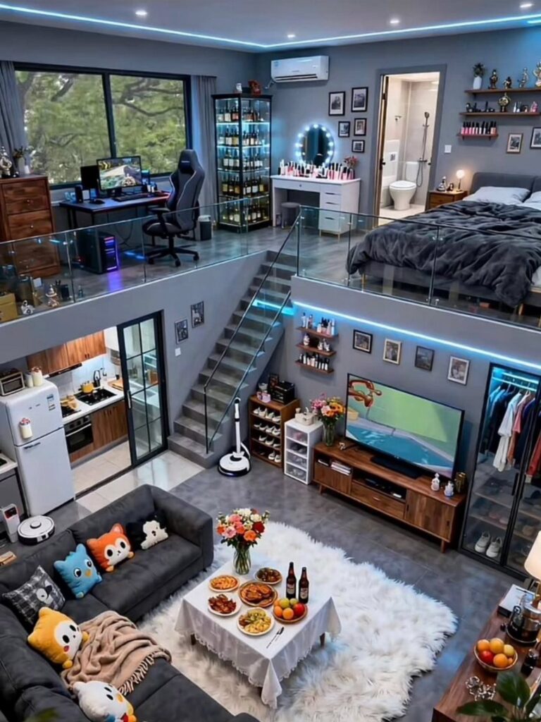 Modern multi-level apartment with a gaming station and bedroom in the upper loft area