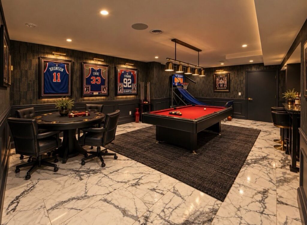 Red pool table and round gaming table in a luxury man cave with jerseys.