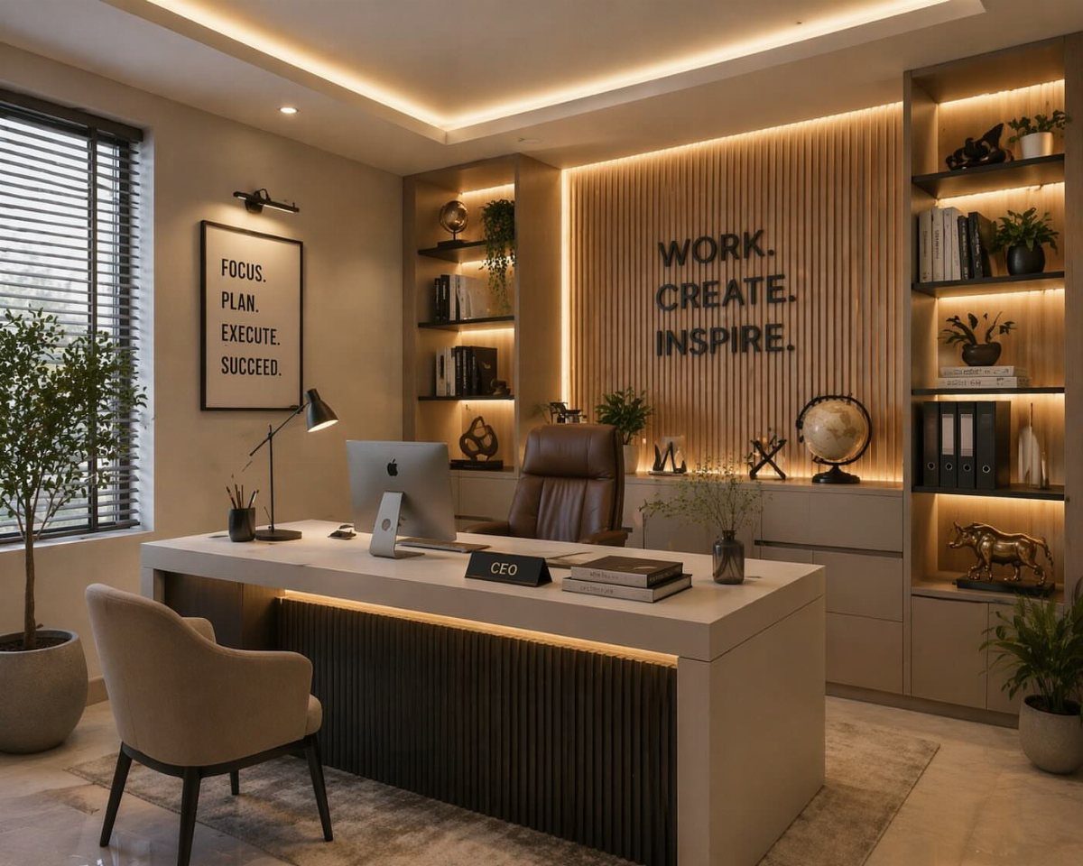 Modern office with white desk, leather chair, and wooden slat wall with motivational text.