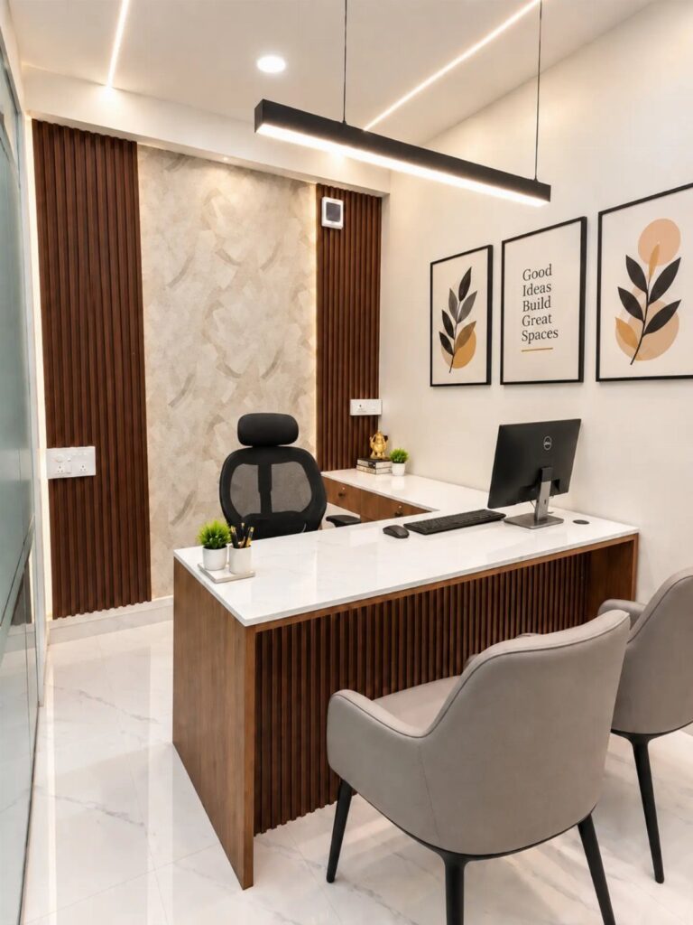 Modern home office with white desk, ergonomic chair, and wood paneled walls.