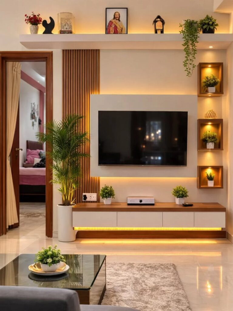 Modern wall TV unit with white panels, wooden slats, and warm ambient lighting.