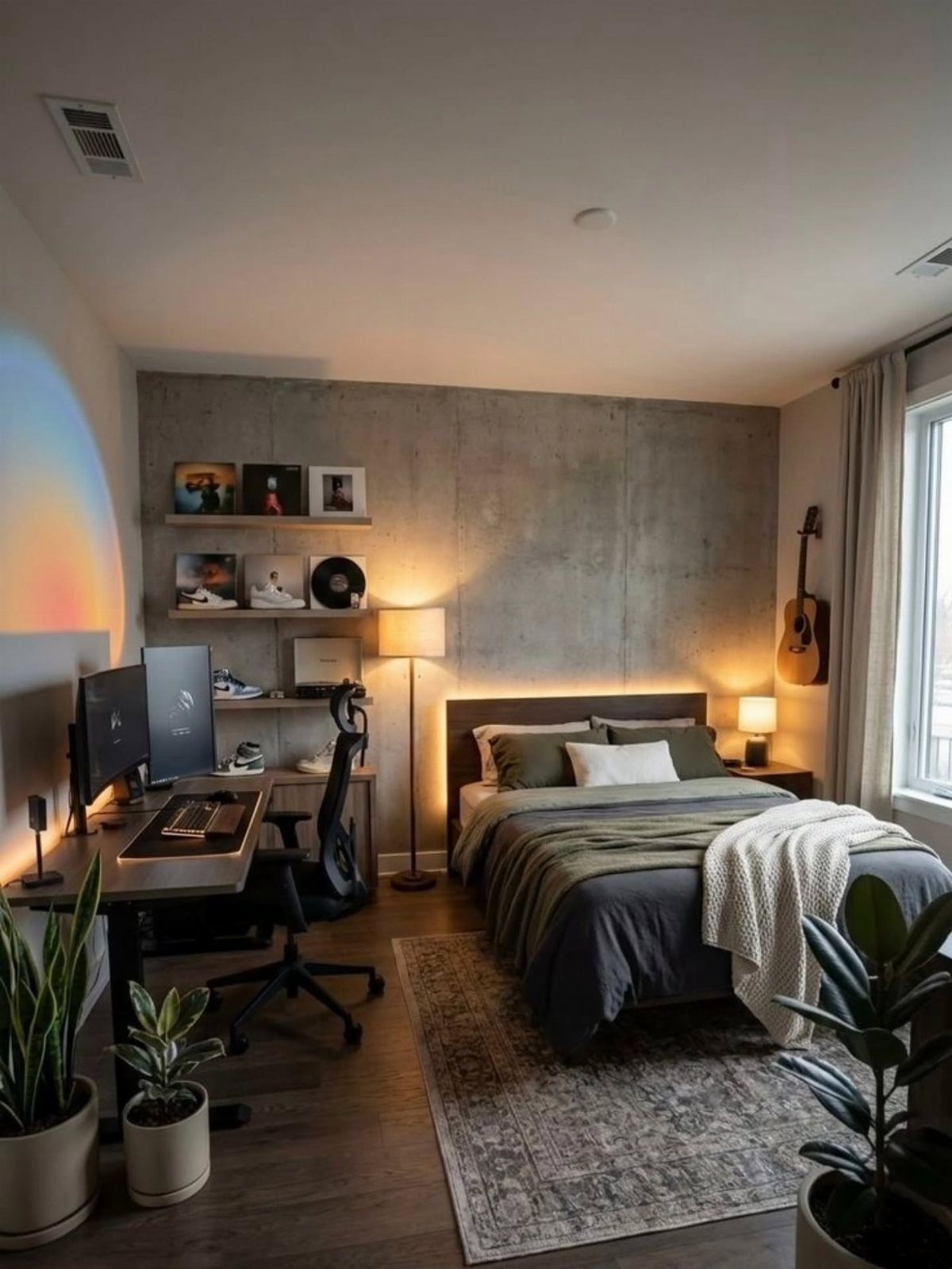 Working desk with dual monitors and office chair inside a modern bedroom